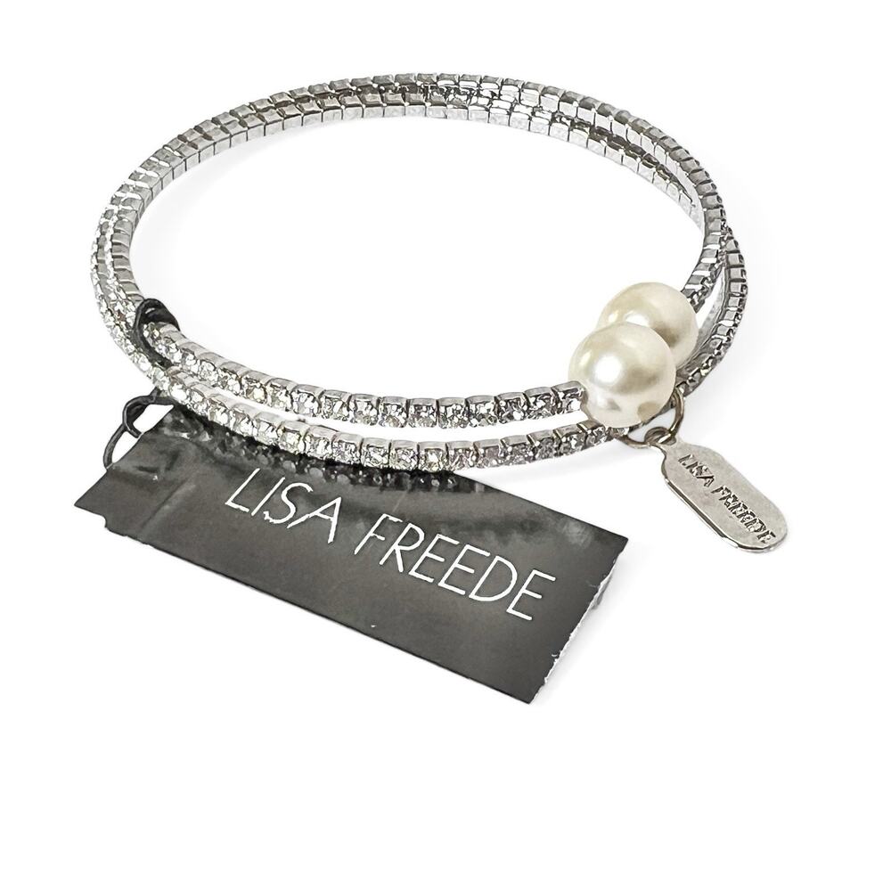 Lisa Freede Coil Wrap Bracelet Double Row Pave Crystals Glass Faux Pearl Sparkle